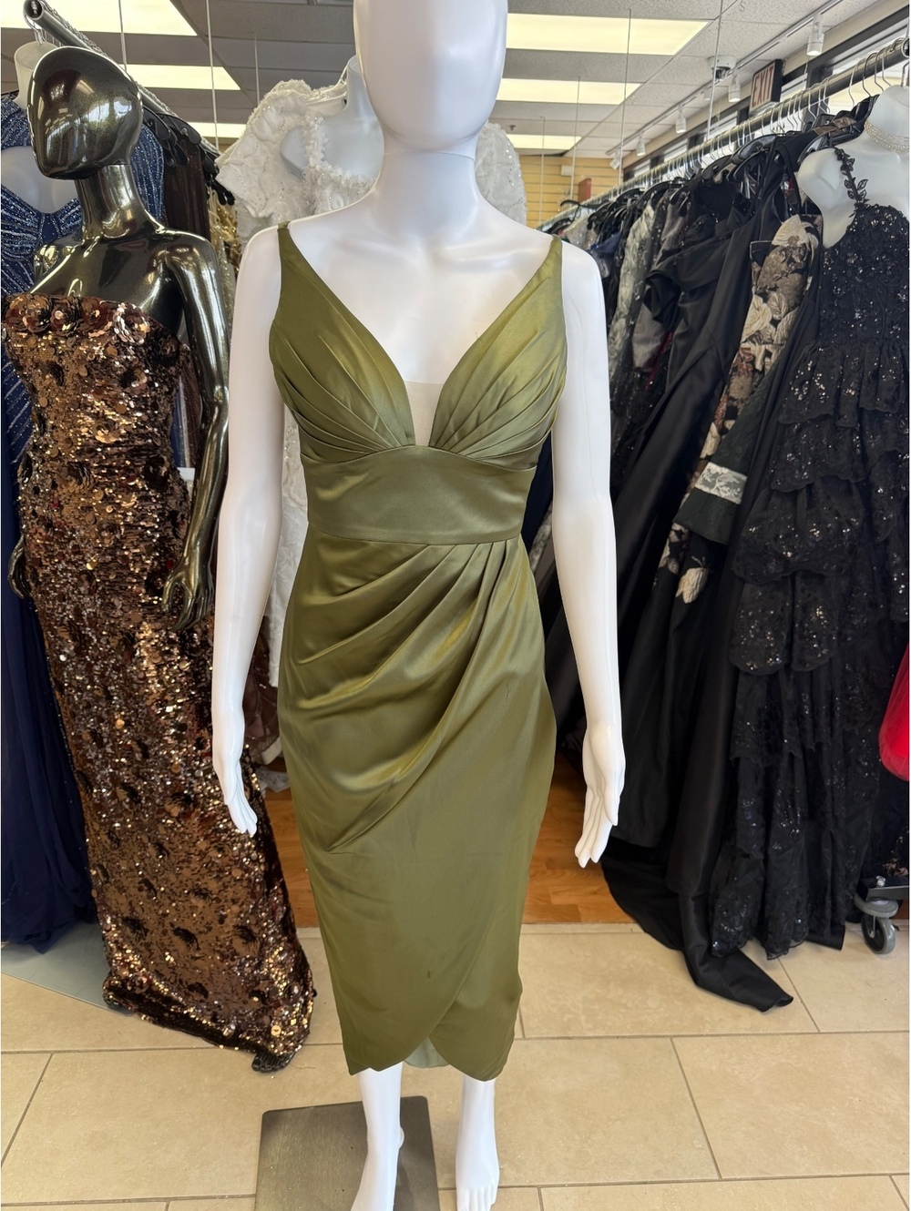 Nicoletta Olive Green Satin Midi Dress Size 4 with Pleated Bust and Draped Waist